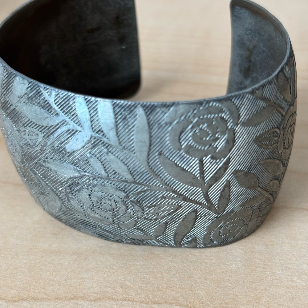 Embossed Floral Silver tone Cuff Bracelet/ fits size 6 wrist